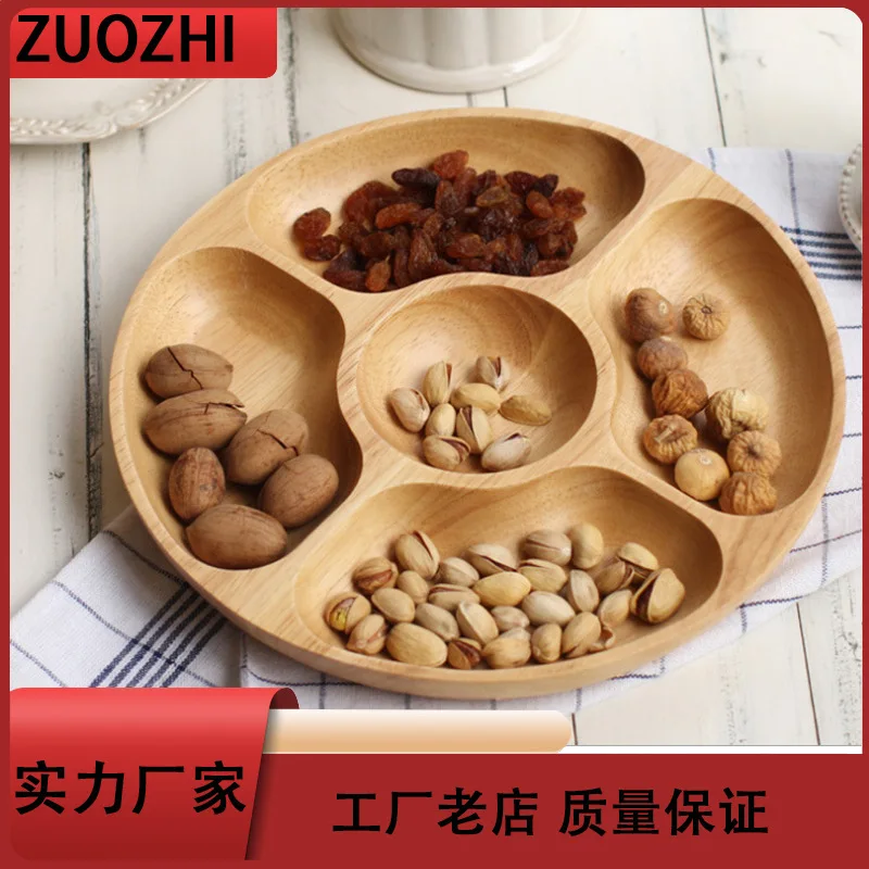 Wooden Tray Reative Round Multi-purpose Five Plaid Fruit Snack Partition Storage Tray Home Living Room Decorations Tableware