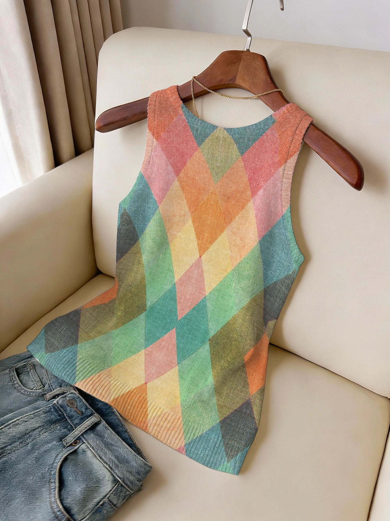 Women's Knitted Top, Summer Round-Neck Vest, Retro Color-Blocked Diamond Pattern, Non-Positioned Print, American Retro Casual Style, Suitable for Summer Commuting, Casual Gatherings view 2