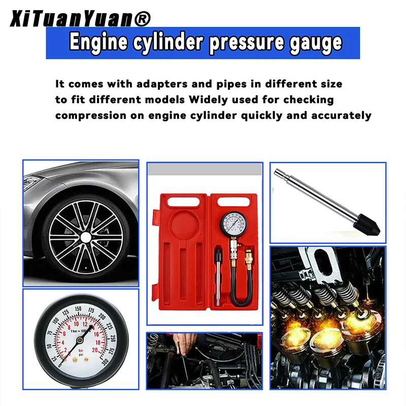 Gasoline Engine Compression Tester Kit G324 Professional Cylinder Pressure Gauge for Petrol Gas Motor Auto Tool Set (0-300PSI)