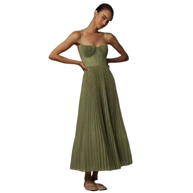 Nowa Damska Sukienka Wieczorowa Sexy Zielona Halter Bez Pleców Długa Sukienka Damska Bez Rękawów Głęboki Dekolt V Wyszczuplająca Sukienka Druhny dla Kobiet 2025