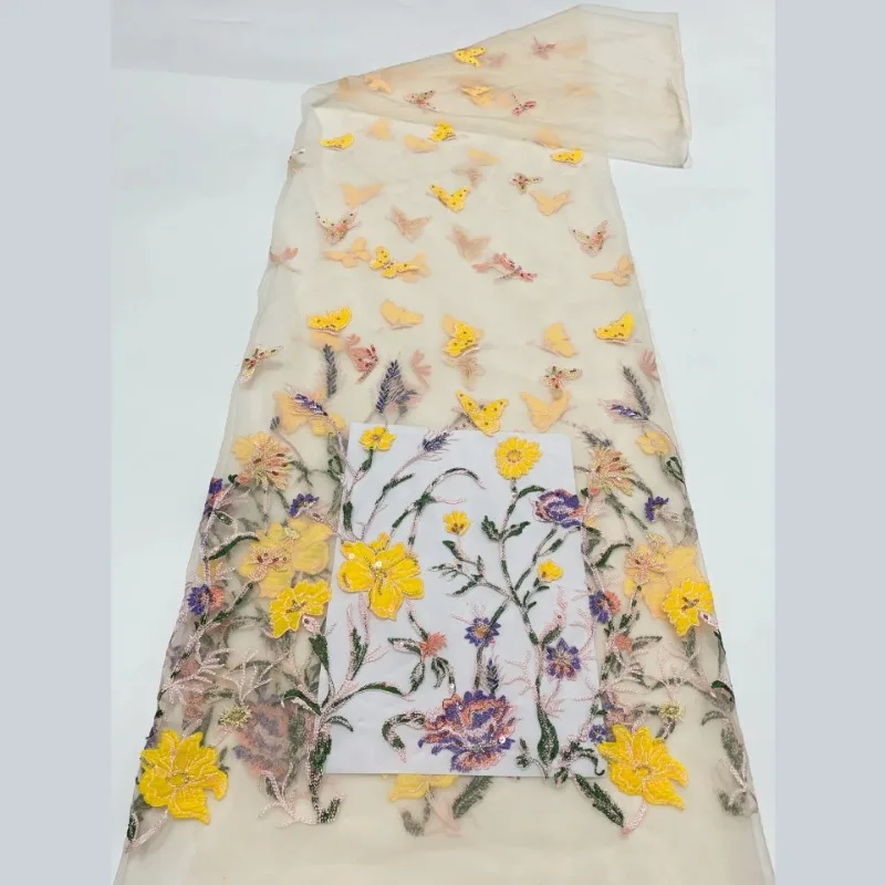 Gelber Schmetterling-Libellen-Blumen-Stickereistoff, Afrikanischer Spitzenstoff – Detail 7
