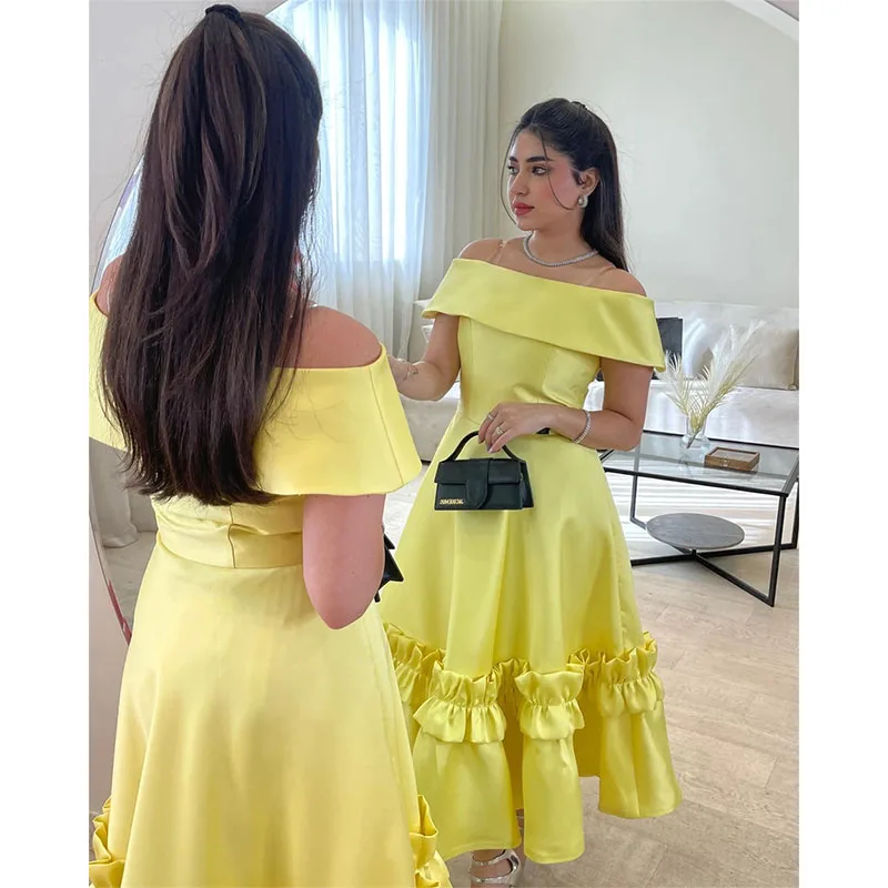 Elegant Off The Shoulder Evening Gown A-line Pleat Tea-Length Formal Evening Dresses Customize Birthday Party Dress 2024