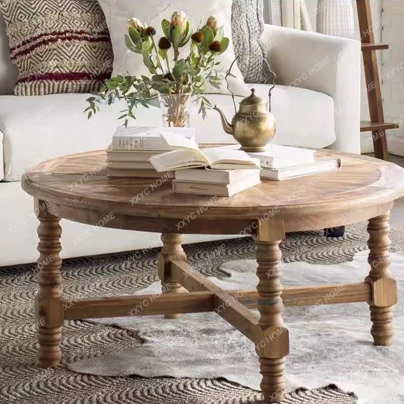 XX Country Style Solid Wood Round Small Apartment Living Room Coffee Table Retro Home Storage Coffee Table