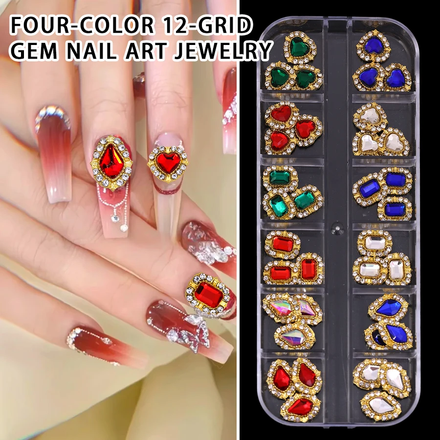 12 Grids Luxury Retro Nail Rhinestone Kit, 3D Gold Alloy Frame Heart Teardrop Square Gem Charms for Nail Art & DIY Craft