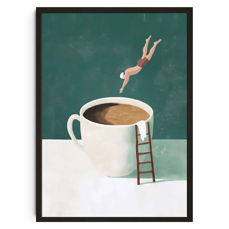 Retro Coffee Diving Poster Canvas Painting Good Morning Coffee Lover Print Wall Art for Living Room Home Kitchen Decor Framel