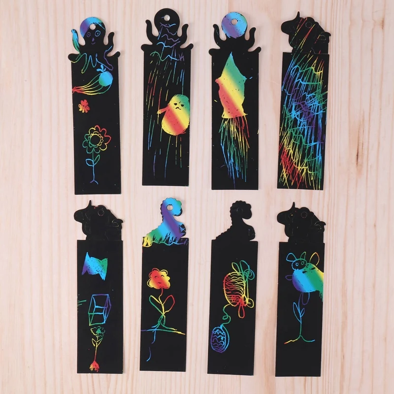 48PCS Kids Rainbow Bookmarks Scratch Art Party Bag Fillers Animal Craft DIY Scratch Paper Art Tags