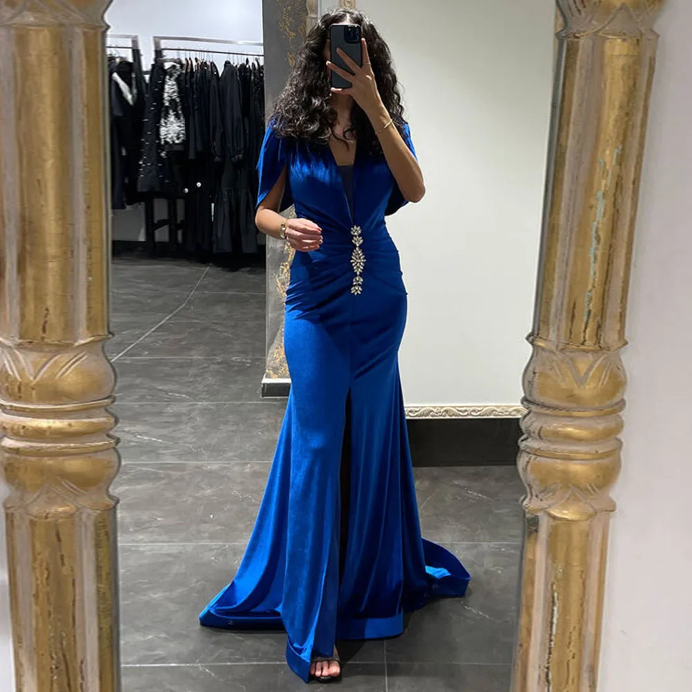 

Blue Mermaid Satin Evening Gowns Floor-Length Side Split Short Sleeve V Neck Zipper Party Dress Beading Vestido De Noche 2023