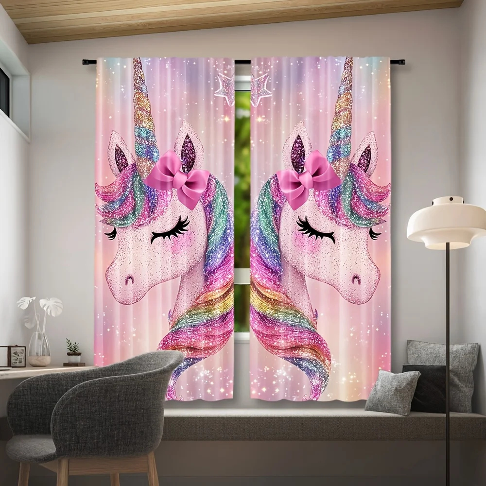 Unicorn Curtain Panels, Glitter Rainbow Mane Unicorn Bow Star Sparkle Pink Gradient Print Drapes for Girls Bedroom Dreamy Living