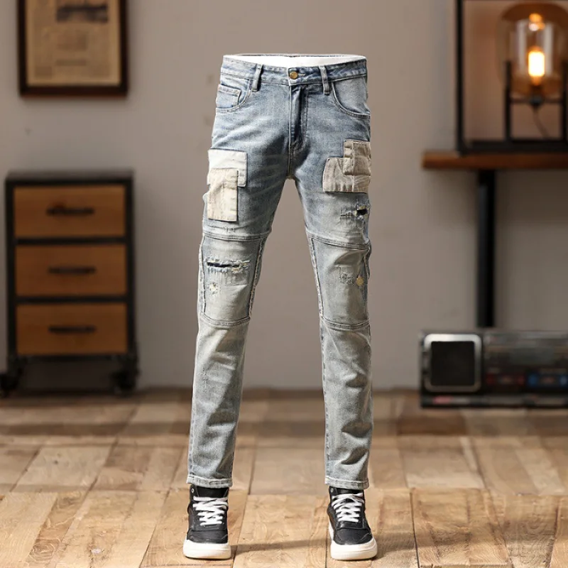 Jeans Retro Nostálgico dos homens, Costura Patchwork, Rua Slim Fit, Magro, Bordado Ruan, Bonito Calças De Personalidade