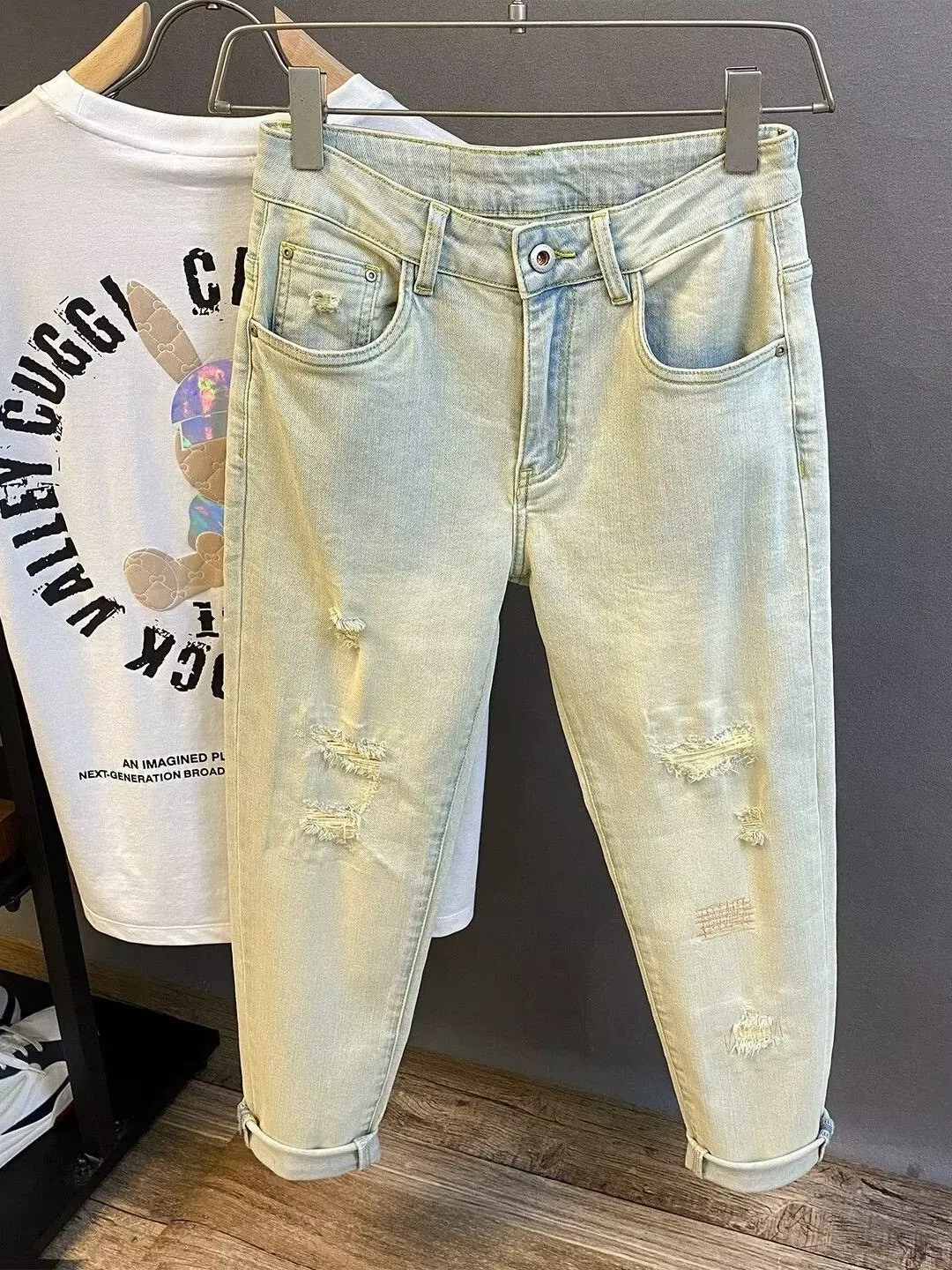 Trendy Light Blue Men's Denim Jeans Nine Points Cone Shape Elastic Patchwork Youthful Wear Resistant Breathable Slim Fit