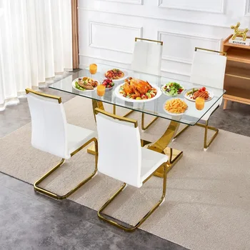 Yemek odası masası, Modern mutfak masası ve 4 için deri sandalyeler, dikdörtgen temperli cam üst ve altın taban ile yemek masası