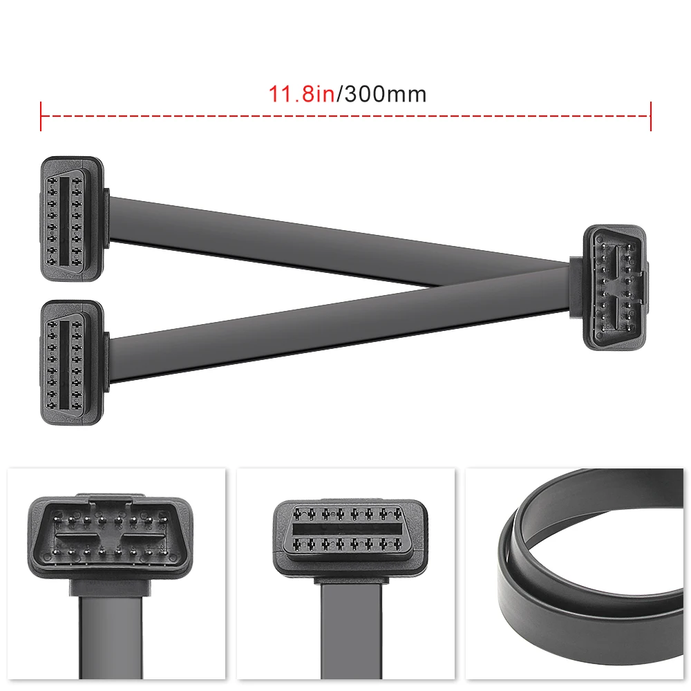 30CM OBDII 2 IN 1 Extension Dual Connector Y Splitter OBD2 OBD 2 16PIN Male to Dual Female Connection Flat+Thin as Noodle