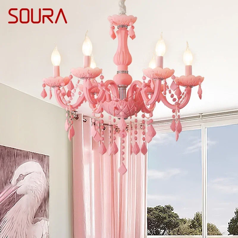 

SOURA Pink Crystal Pendent Lamp Art Girls' Room Candle Lamp Children's Room Living Room Restaurant Bedroom Chandelier