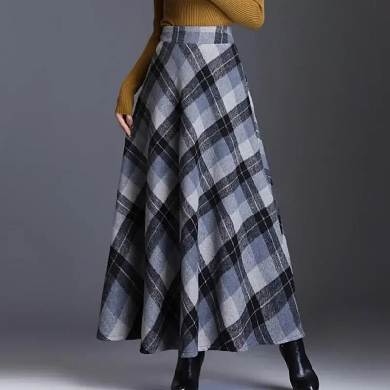 

270D Women's Lattice Skirt Warm Elastic Waist Wool A-Line Pleated Tartan Winter Long Skirts