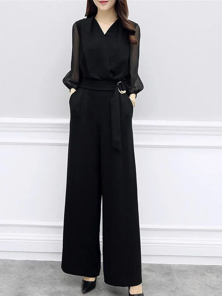

Spring Summer 2025 Slimming V-Ne Bla Chiffon Jumpsuit Wide Leg Pants Commute Friendly Office Wear High Waist Long Pants