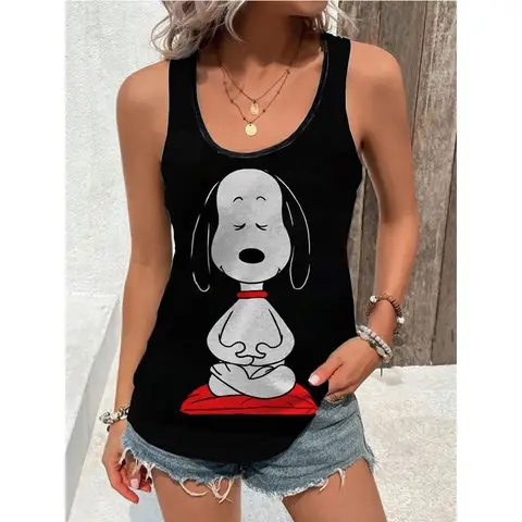 Sommar Plus Size Damlinne Snoopy Mönstrad Linne med Axelband Lös Elastisk Band Ärmlös Linne Ärmlös Topp 12 best sales Snoopy Zara - №2