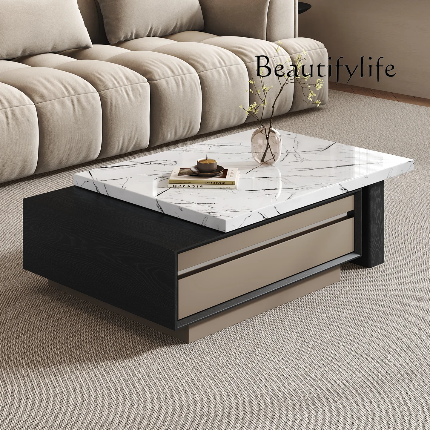 Italian light luxury marble coffee table TV cabinet combination retractable small apartment home high sense