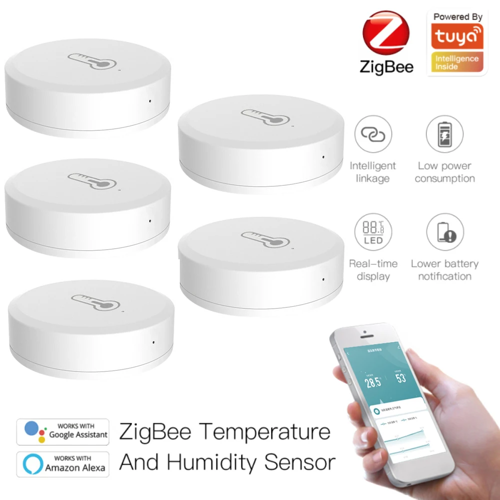 1/5PCS Smart ZigBee 3.0 Temperature Humidity Sensor Real-time Scene Security with Tuya Smart Life App Alexa Google Home Gateway