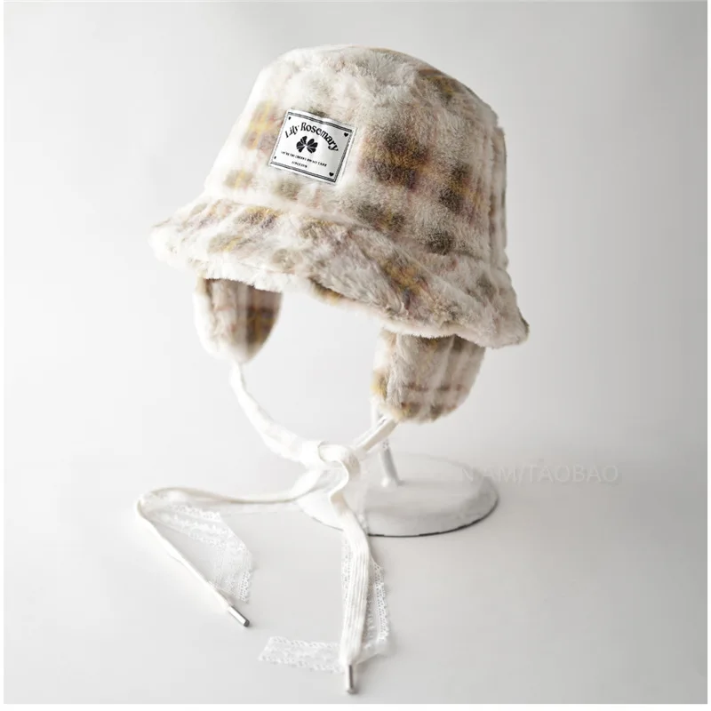 Autumn Winter Thickened Warm Plush Bucket Hat Men Women Outdoor Cycling Windproof Ear Protection Check Pattern Basin Hat