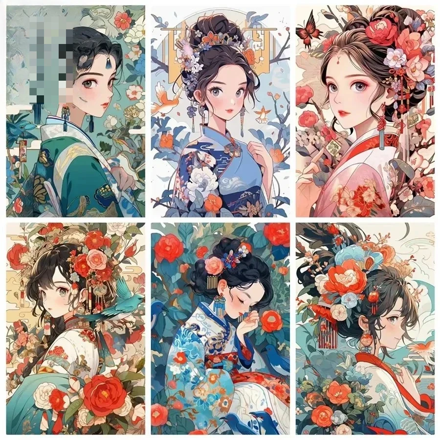 Pintura al óleo por número estilo antiguo niñas Hanfu decoración del hogar pintura pared dormitorio decoración de la habitación regalo sin marco