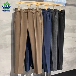 Autumn Winter Grey Brown Suit Pants Men Thick Classic Business Elastic Waist Woolen Korean Formal Trousers Male Plus Size 28-40