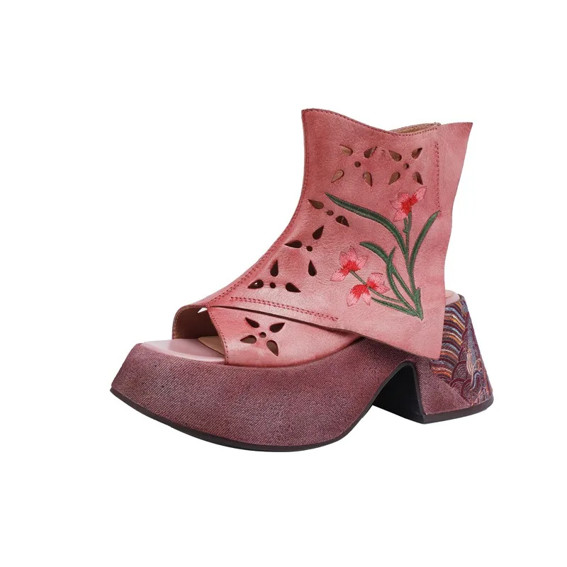 Birkuir Thick Heel Hollow Out Sandals Women 8cm Heel Platform Genuine Leather Flower Embroidery Shoes High Top Open Toe Boots