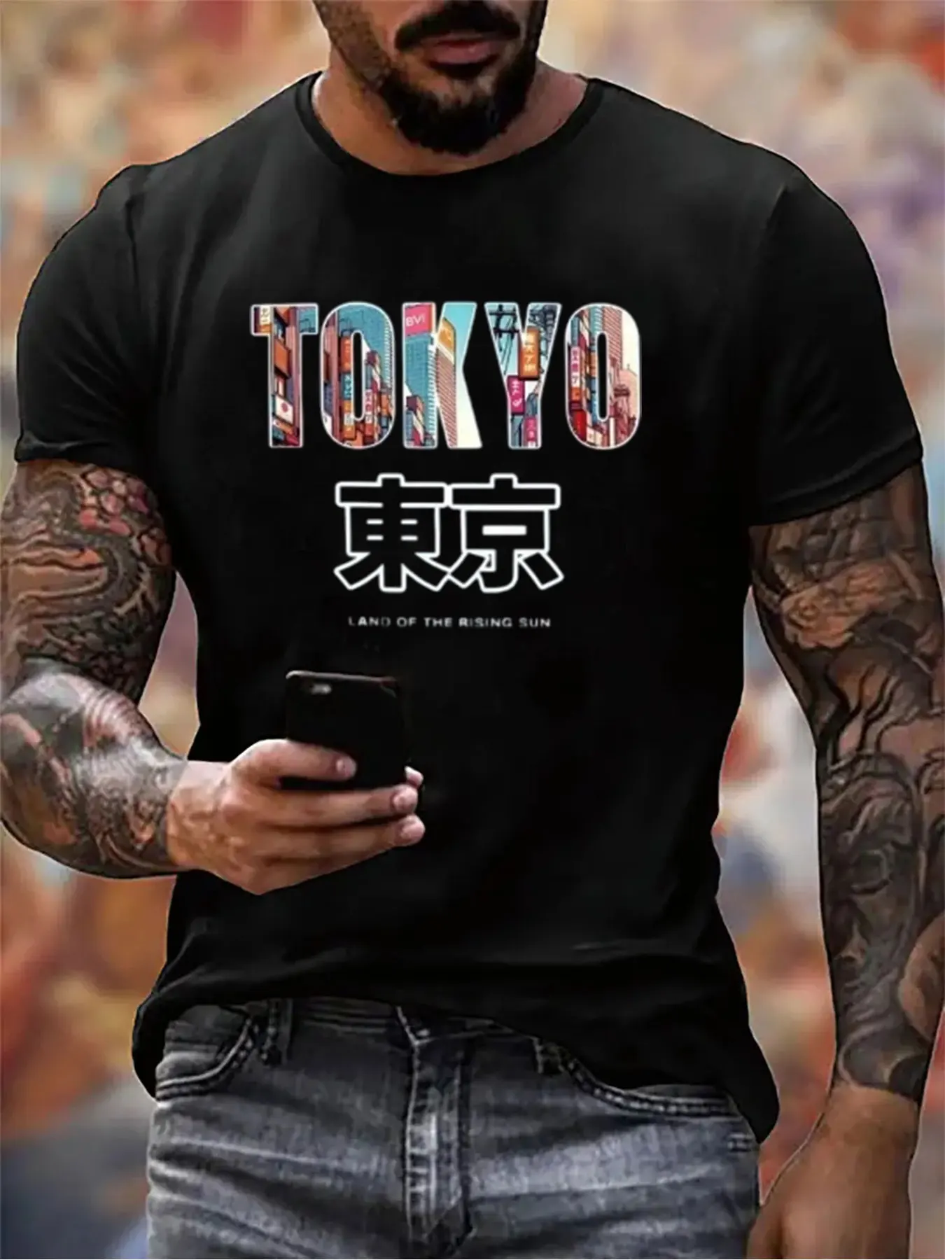 تي شيرت رجالي من القطن الفاخر برقبة دائرية ناعمة مع طباعة TOKYO اليابانية Kanji وطباعة Land of the Rising Sun مثالية لـ Thanksgiving Gif