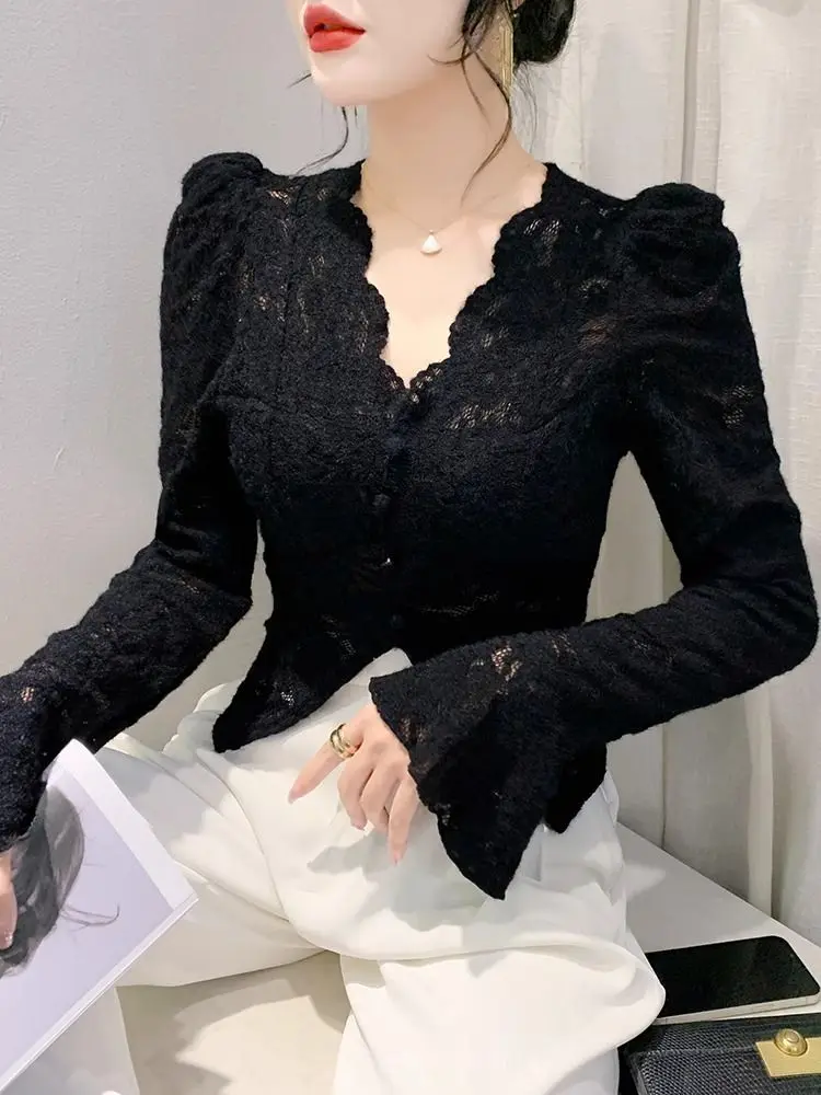 Spring Summer Lace T-shirt Slim Women V-neck Long Sleeve Shirt Button Irregular Short Tops Puff Sleeves Vintage Chic Design Tees