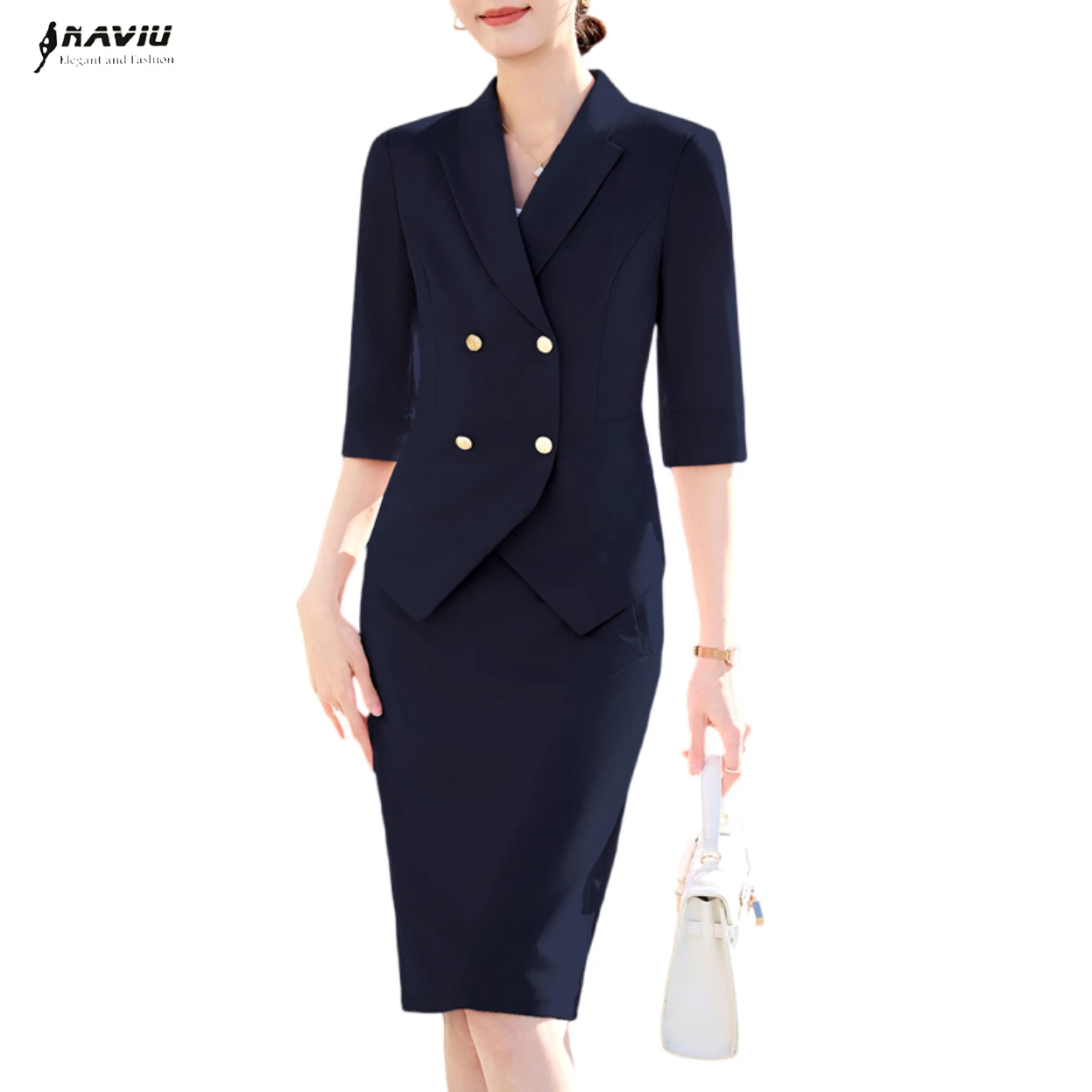 

NAVIU 2025 Spring Summer Fashion Navy Blue Women Skirt Suit Office Uniform Black And Skirt Ladies Work Wear OL Styles Pink