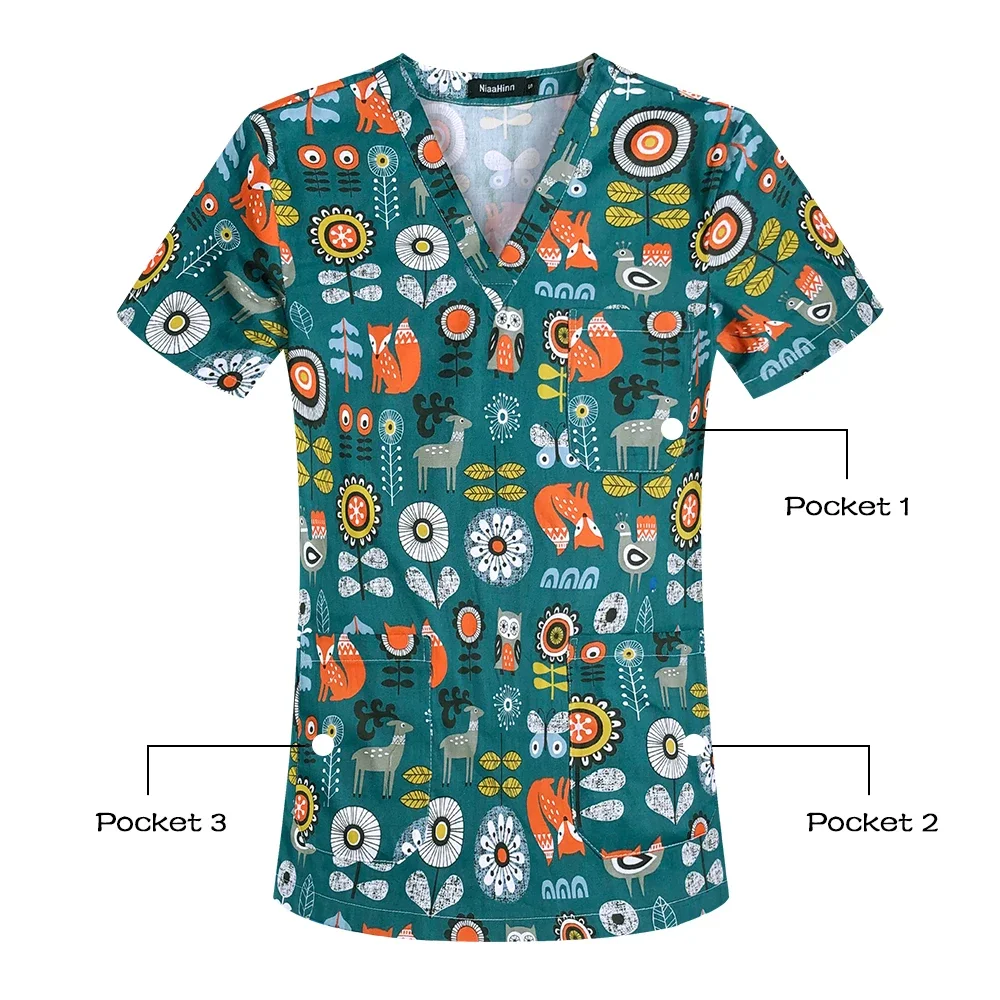 Uniform Verpleegster Vrouwen Bedrukt Scrub Top Hot Selling Multi-Color Modieuze Uniformen Met Korte Mouwen Cartoon Patroon Shirt Groothandel