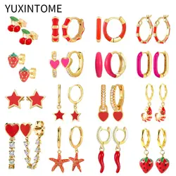 925 Sterling Silver Ear Needle Fashion Rose Red Hoop Earrings for Women Red Enamel Star/Heart Pendant Earrings Luxury Jewelry