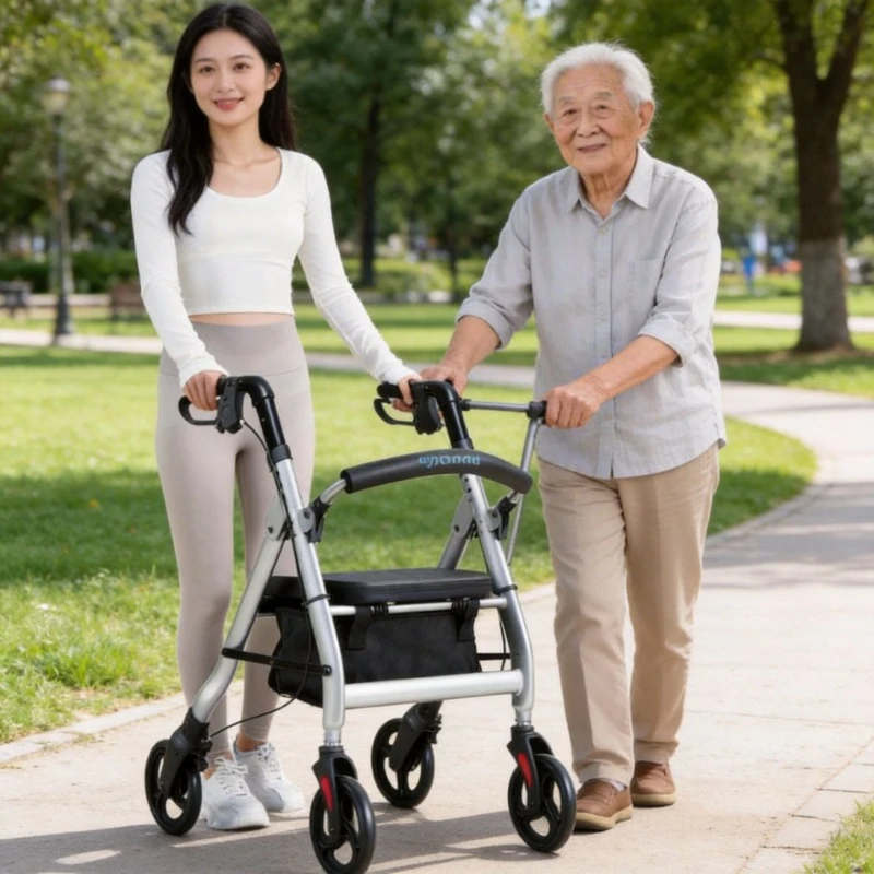 Lightweight Foldable All Terrain Rolling Walker with Seat, Aluminum Shopping Cart with Rubber Wheels Rollator Walker for Seniors