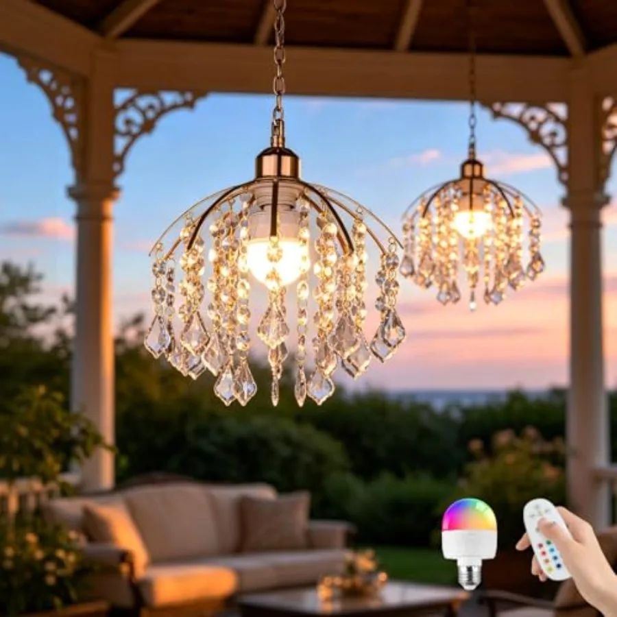 

2 Pack Battery Operated Chandelier for Bedroom Indoor Covered Outdoor Porch Gazebo, Acrylic Crystal, RGB Dimmable Rechargeable