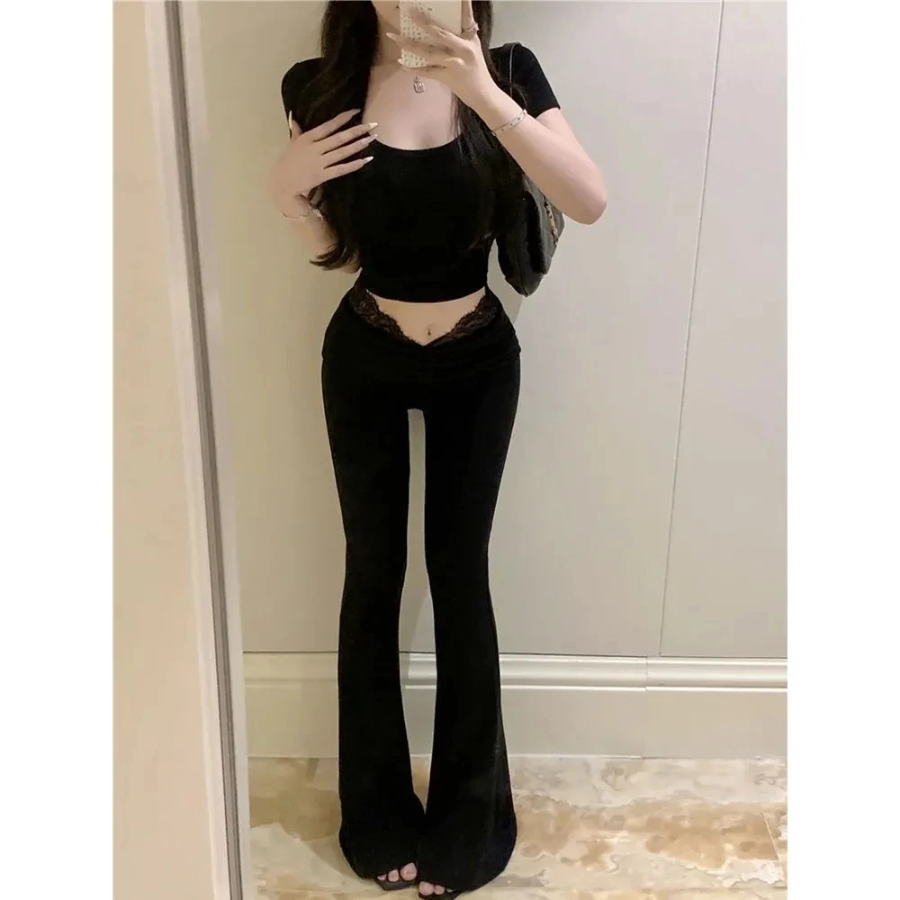 Summer Flare Pants For Women Lace High Waist Slim Fit Pantalon Femme 2025 New Bottoms Solid Color Fashion Sexy Korean Trousers