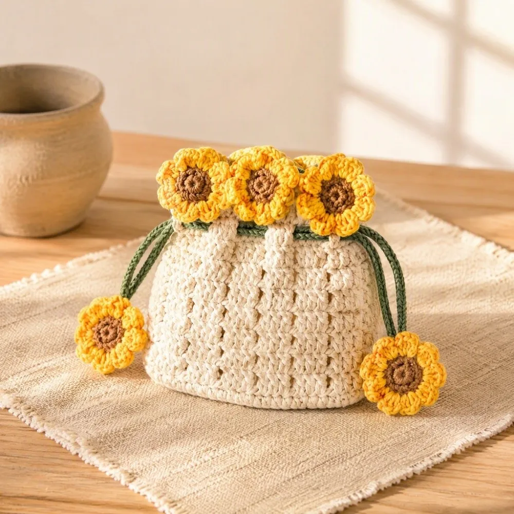 Handwoven Sunflower Design Organizer Pouch Adjustable Rope Tie Closure Fabric Pouch Crochet Hanging Storage Bag Card Key Storage