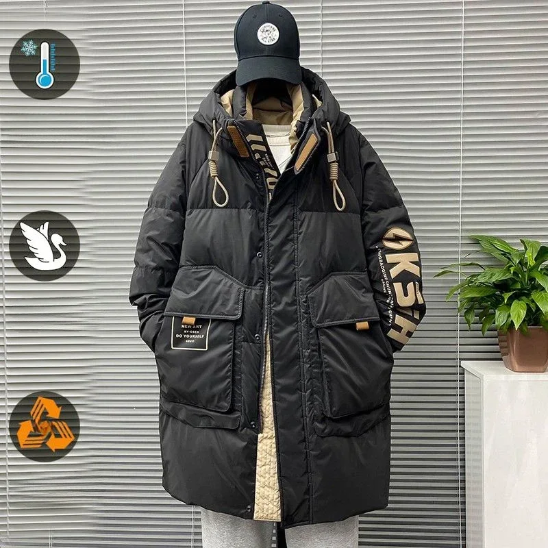 High-end Down Warmth Jacket Men's No-wash Waterproof Mid-length Winter Fashion Brand Handsome Thick Young White Duck Down Coat