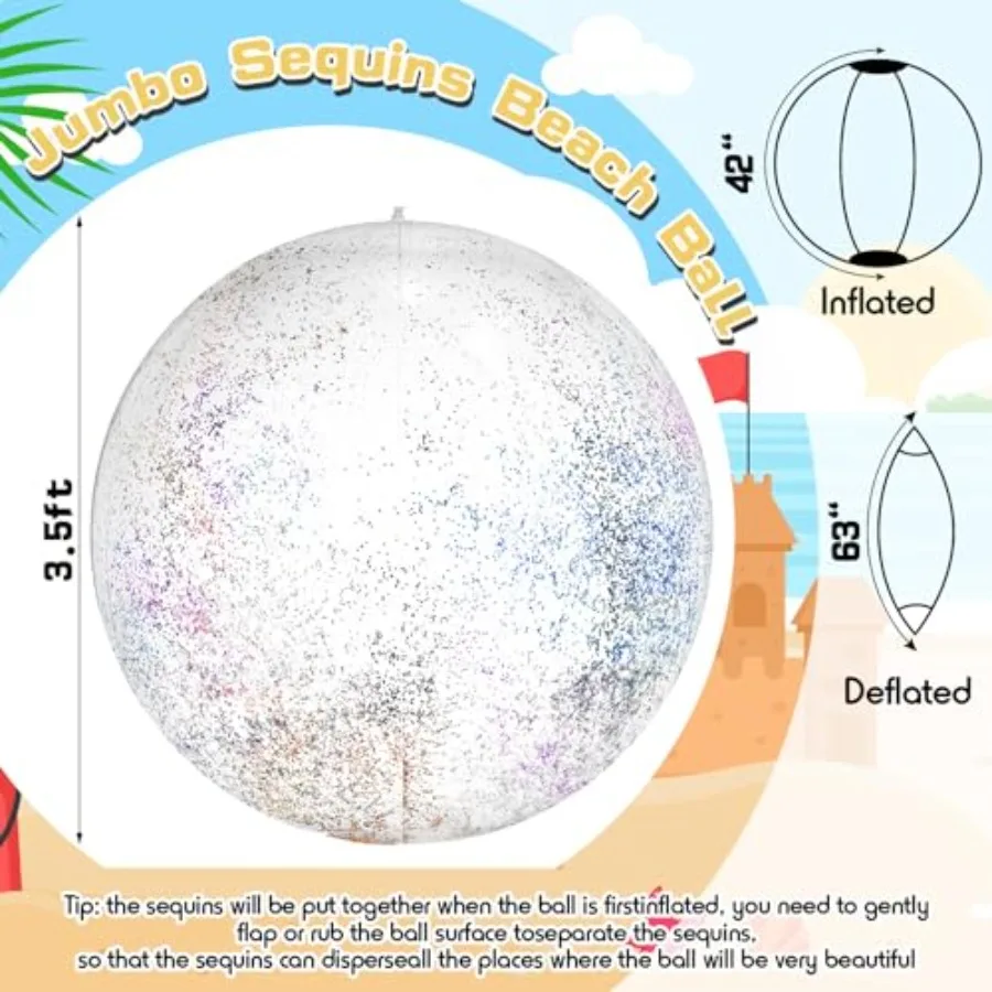 Outdoor activity beach ball set: 42-inch jumbo glitter inflatable pool ball, shiny silver material, ultra-durable PVC, extra-br