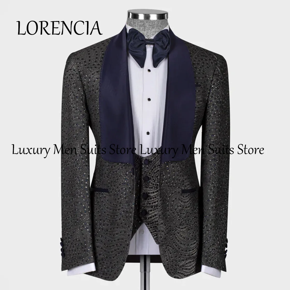 Customized Formal Luxury Bead Crystals Mens Suits Slim Fit Groom Wedding Tuxedos 3 Pieces Sets Bridegroom Prom Blazers Fashion