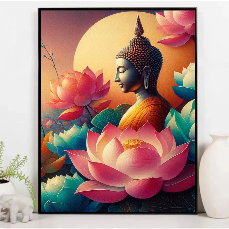 Buddha Statue 5D Full Round Diamond Painting Kits Zen Art Buddhist Sculpture DIY Drills Mosaic Embroidery Cross-stitch