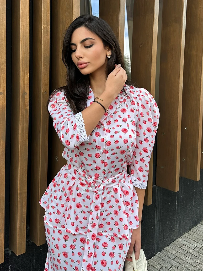 Marthaqiqi Printing Ladies Pajama Suit Three Quarter Sleeve Nightgowns Turn-Down Collar Nightwear Long Skirt Women Sleepwear Set