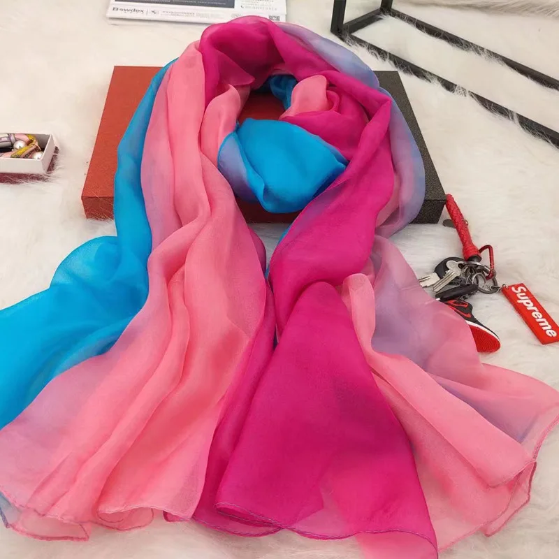 2023 Spring New Gradient Chiffon 100% Silk Scarf Mulberry Silk Chiffon Sun Protection