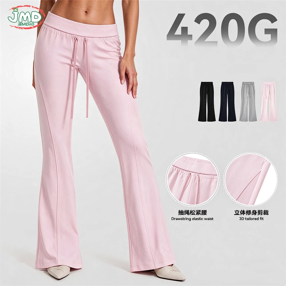 JMD Women 420G Heavyweight Flare Sweatpants Drawstring Elastic Waist 3D Tailored Slim Fit Stretch Casual Long Pants QH0186