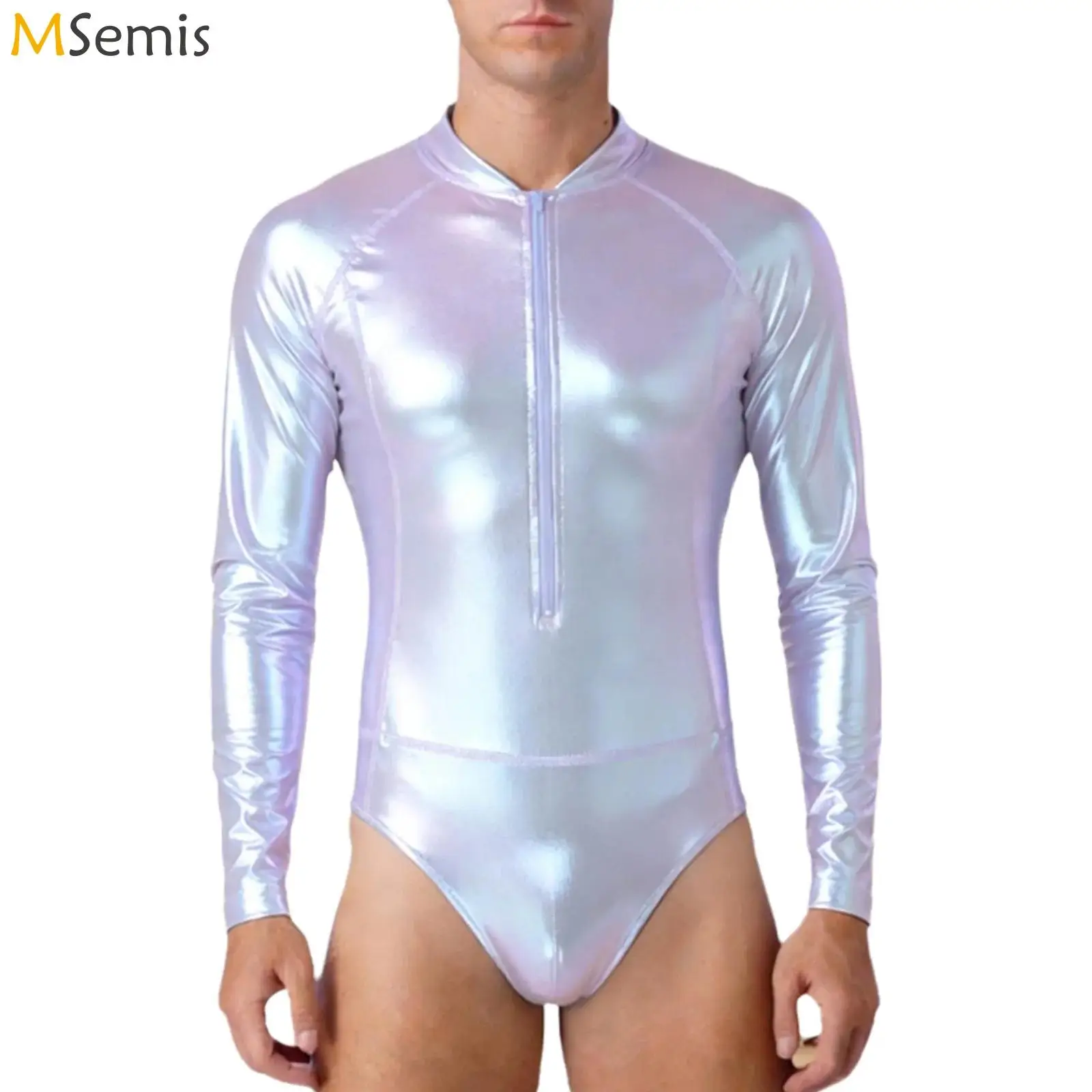 

Mens Jazz Dance Gymnastics Jumpsuit Lingerie Metallic Shiny Bodysuit Front Zipper Long Sleeve One-piece Bodycon Leotard Clubwear