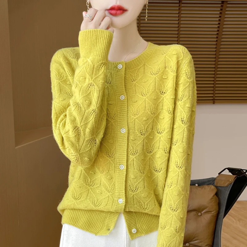 2024 Autumn And Winter New Round Neck Hollowed Out 100 Wool Knitted Cardigan Women\'s Versatile Coat Loose Casual Sweater DMR281