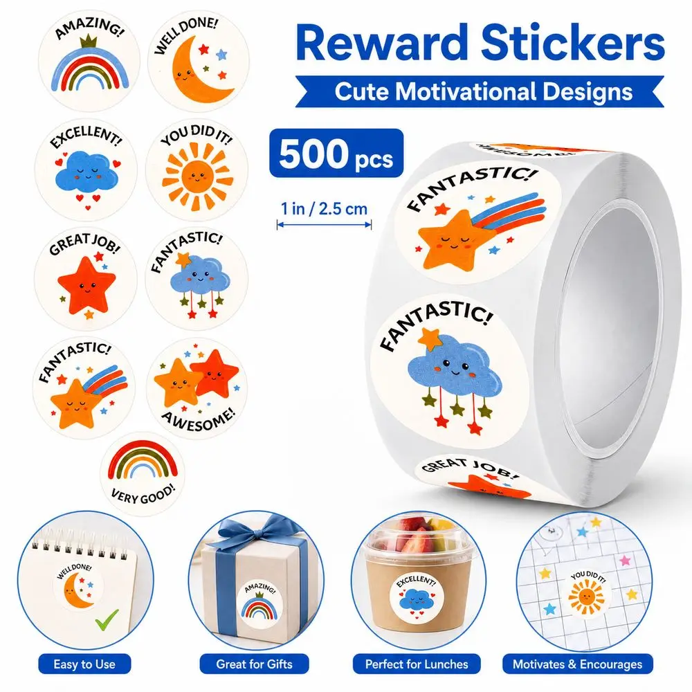 Adhesive Labels Encouragement Stickers Self Adhesive Cartoon Pattern Cartoon Stickers Motivational Messages Round Shape