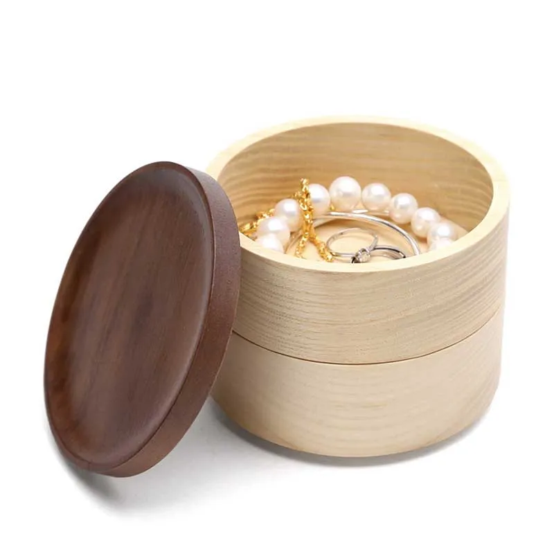 Natural Wooden Two-Layer Handmade Jewelry Storage Box With Lid Earrings Ring Necklace Display Props