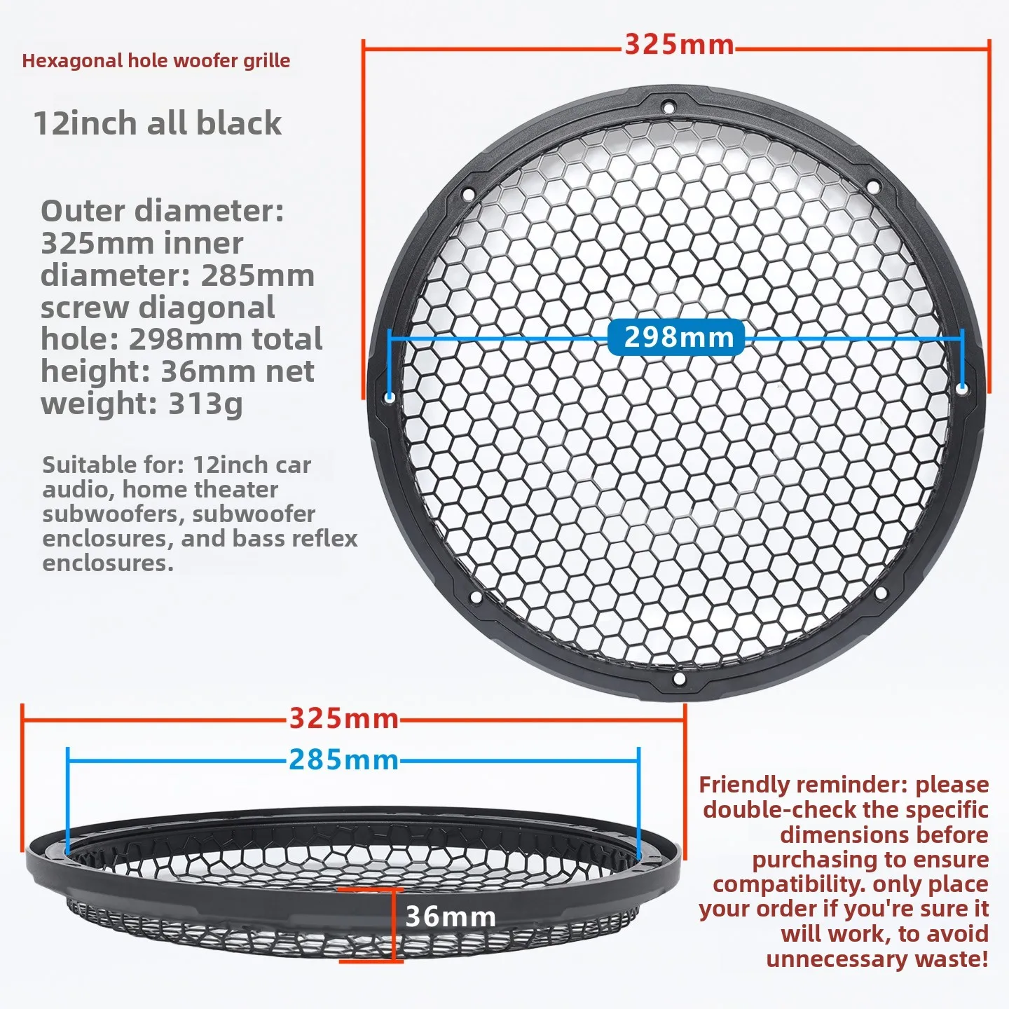 MW Audio, 1 stuk, 10"/12" luidsprekerrooster, zeshoekig honingraatpatroon, geschikt voor subwoofer en auto-audio.