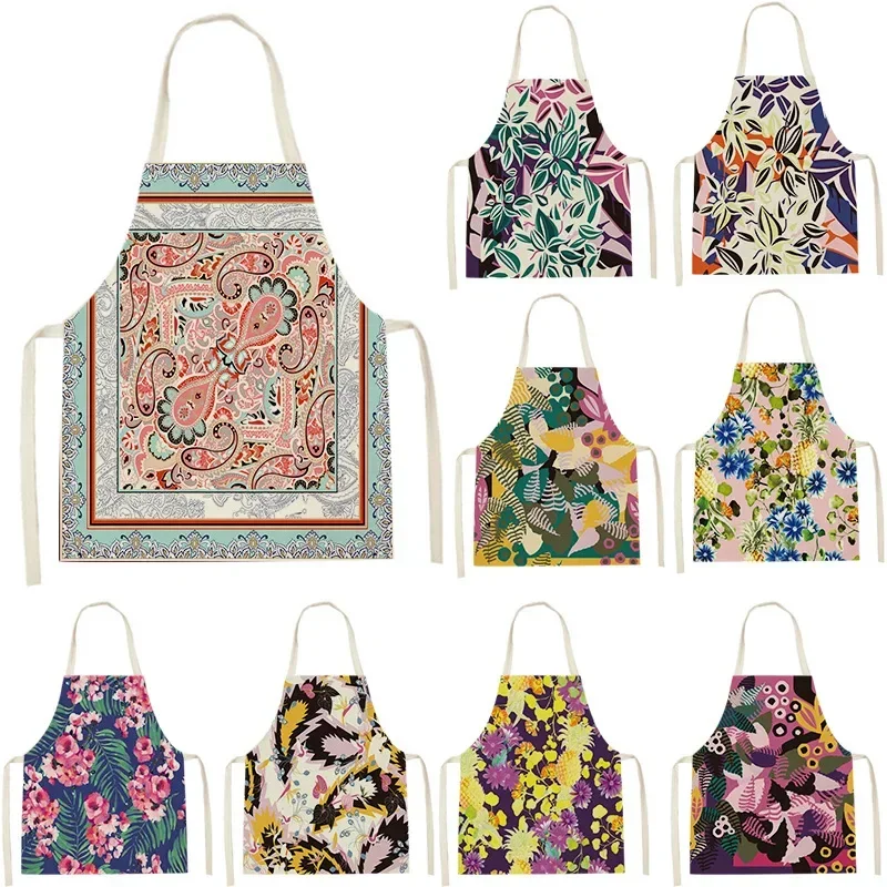 Abstract Flower Linen Fabric Apron Chinese Home Apron Simple Adult and Children's Anti Fouling and Oil Resistant Apron