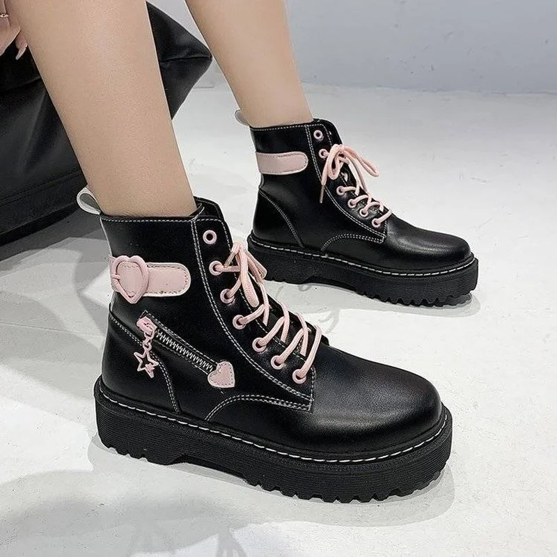 

New College Style Martin Boots Women Autumn 2021 Girl Love Round Toe Lace-up Short Boots Y2k Aesthetic Goth Punk Platform Shoes