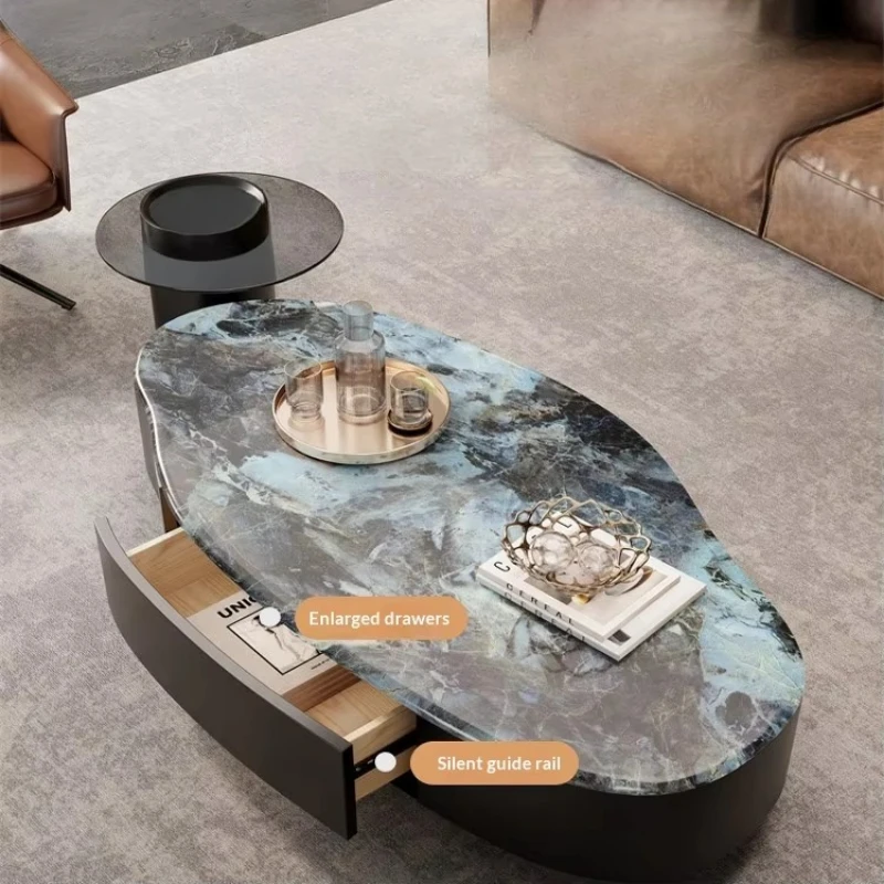 Light luxury microcrystalline stone coffee table with carbon steel frame storage space, suitable for living rooms